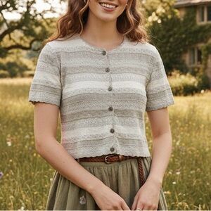 Vintage Neutral Striped Short Sleeve Knit Cardigan Coastal Grandma Cottagecore